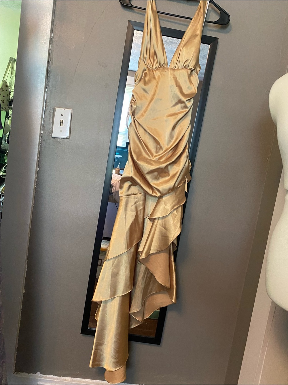 Morgan & Co. Gold Satin Asymmetrical Ruffle Gown